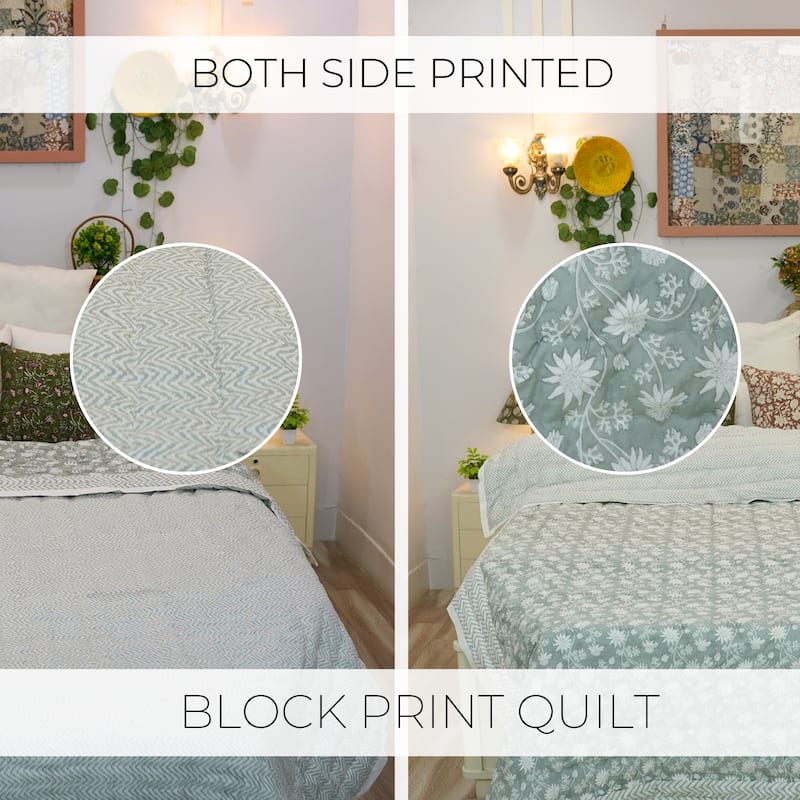 Fabdivine Handmade Luxury Hand Block Print Cotton Quilt - Both Side Printed Blue White Floral, Double-Sided Reversible Bedspread