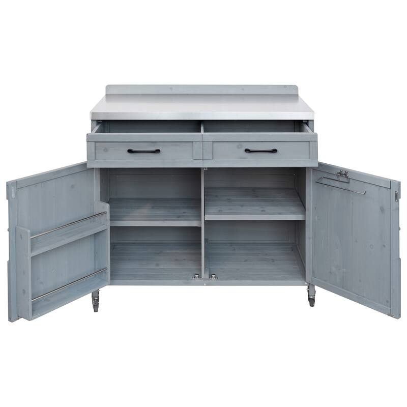 39.4" Outdoor Kitchen Island on Wheels with Stainless Table Top, Outdoor Kitchen Cabinet with Adjustable Shelves