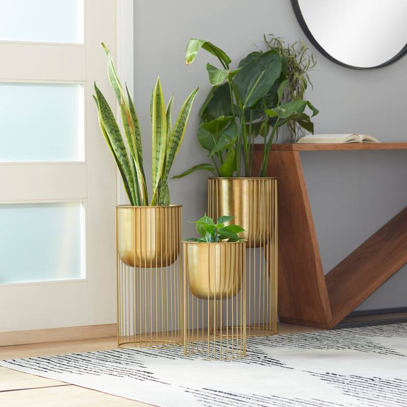 Metal Deep Recessed Dome Planter with Elevated Caged Stand - Set of 3 Gold - Roche River Decor - 11"Wx11"Lx24"H