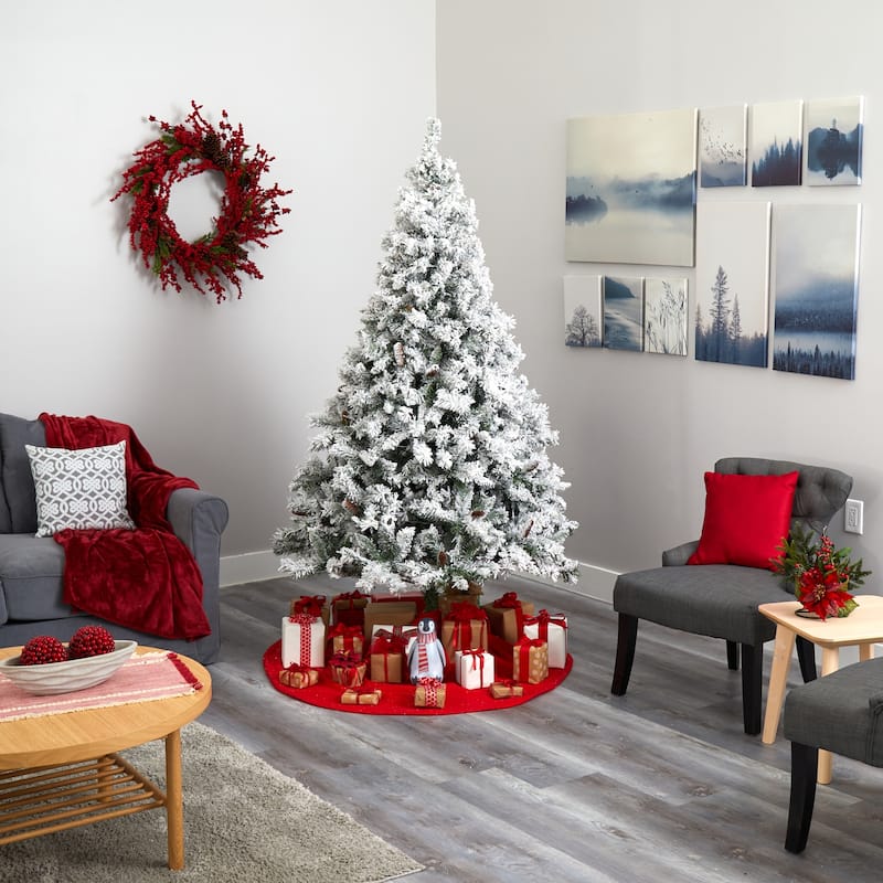 7ft Artificial Christmas Tree with Lights & Pinecones - Flocked Mountain Pine Holiday Decor - White - 84