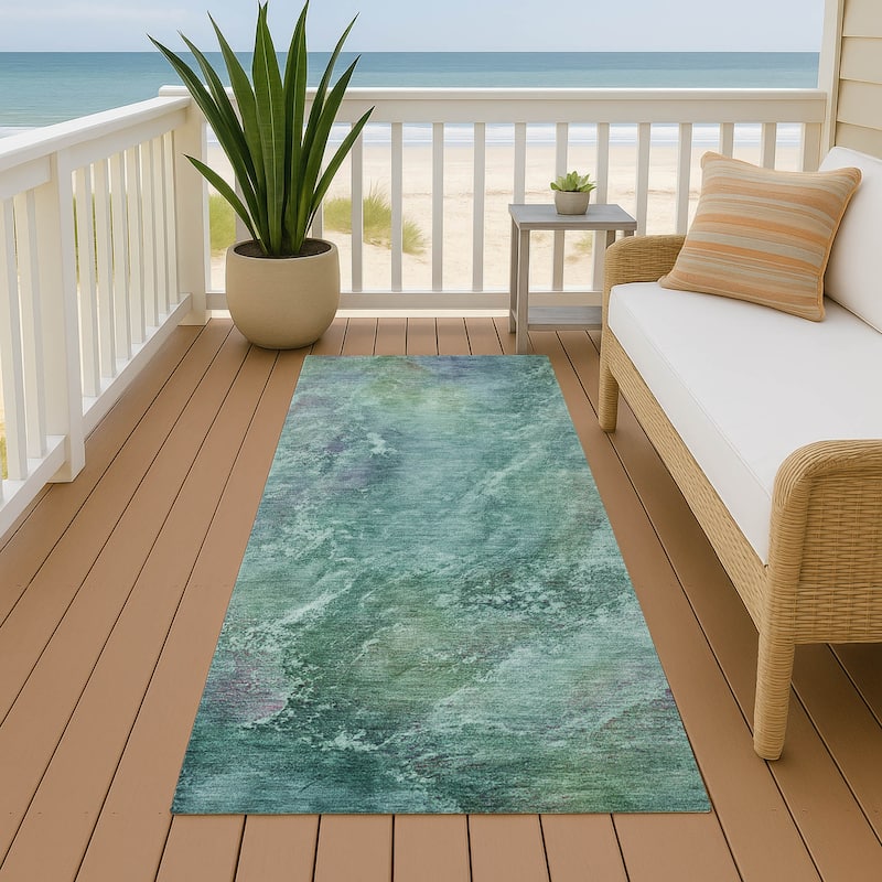 Machine Washable Indoor/ Outdoor Abstract Watercolor Chantille Rug - Teal - 2'3" x 7'6"