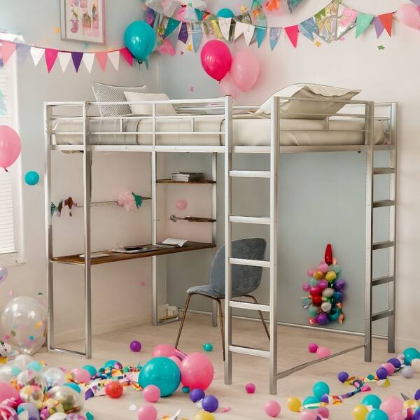 slide 2 of 10, Full Metal Loft Bed with 2 Shelves, 2 built-in ladders and Desk, Silver Silver