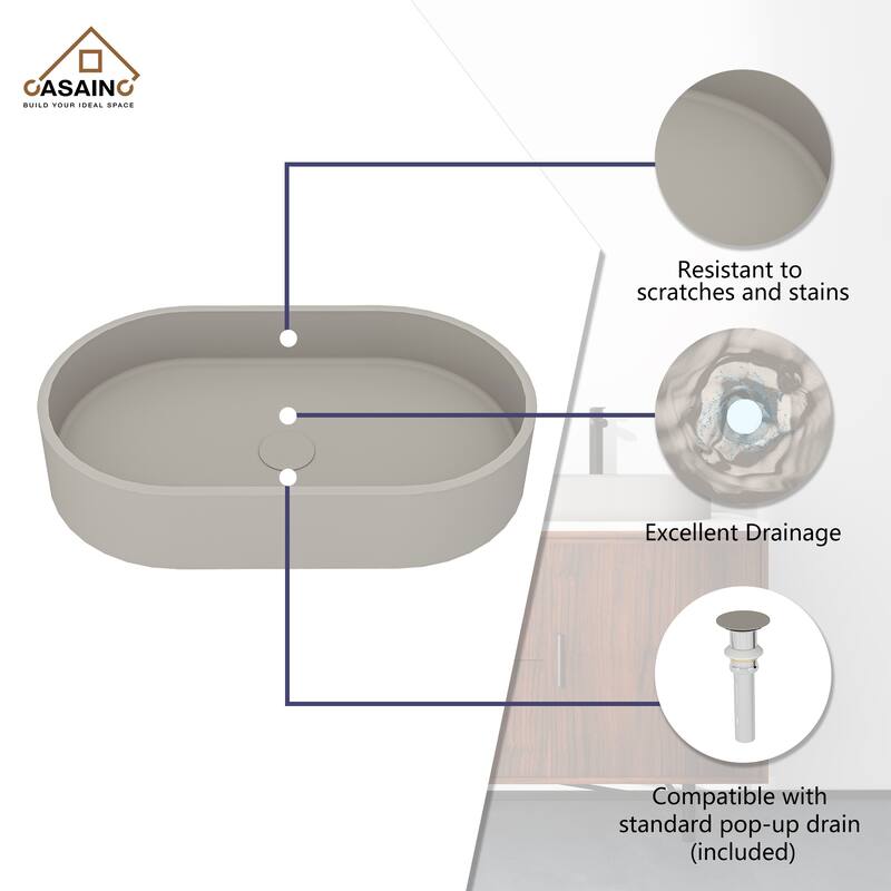 CASAINC Concrete Vessel Sink Oval Bathroom Sink Art Basin with the Same Color Drainer
