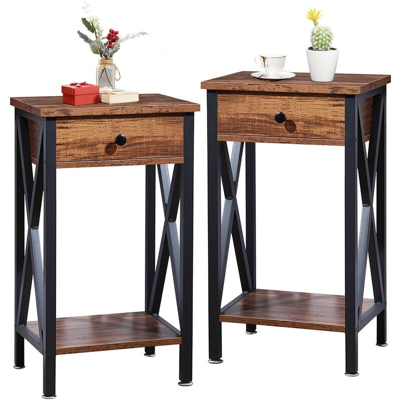 VECELO Mid-century 1-Drawer Tall Nightstands with Low Shelf,Nightstand - Brown