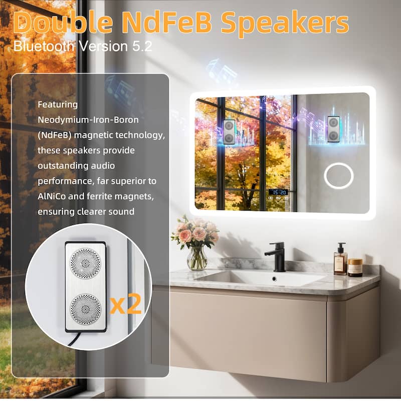 Smart LED Bathroom Mirror with Bluetooth Speaker, Anti-Fog Magnifying