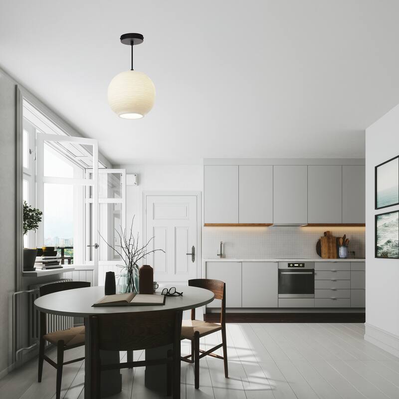 Hayley River of Goods Black Metal and White Blown Glass 9.5-Inch Pendant Light with Adjustable Hanging Cord - 9.5" x 9.5" x 64"