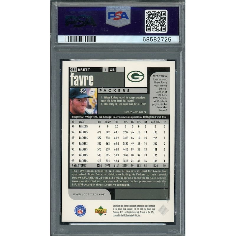 Brett Favre 1998 Upper Deck Choice Football Card #GB1 Graded PSA 10 - 8'6" x 11'6"