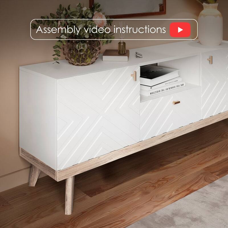 Living Skog Alba Beige TV Stand Console with Drawer Fits TV's up to 65 in. with Wood Legs Mid Century Modern Design