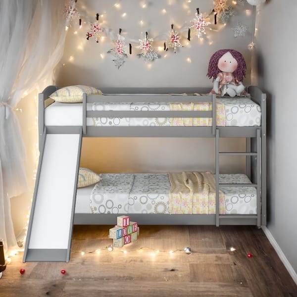 slide 2 of 15, Space-saving Design Low Bunk Bed with Slide,Twin over Twin Bunk Bed with Convertible Slide and Ladder Gray