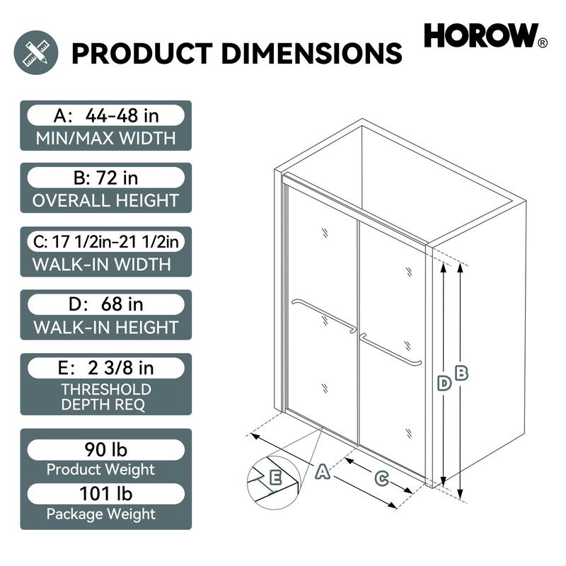 HOROW 44 to 48 Inch Wide 72 Inch High Double Sliding Semi Frameless Shower Door in Brushed Nickel with Clear Glass