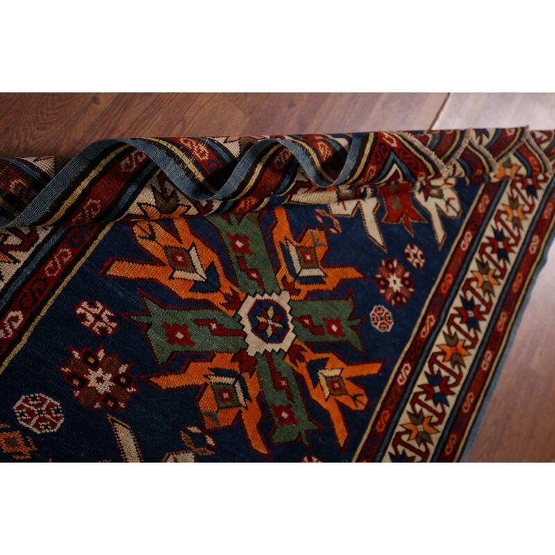 Navy Blue Geometric Kazak Vegetable Dye Wool Carpet - 3'5" x 5'2"