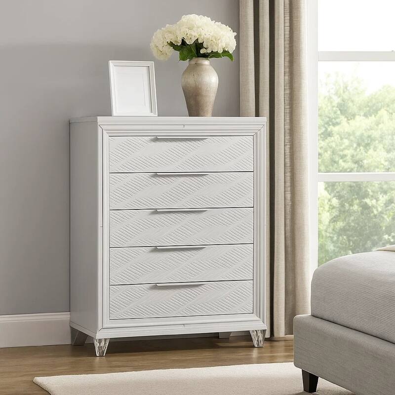 Mory Tall Dresser Chest, 5 Drawer, Embossed Herringbone Pattern, White