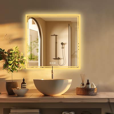 Square LED Bathroom Mirror Anti-Fog Dimmable Mirror - Silver - 32"