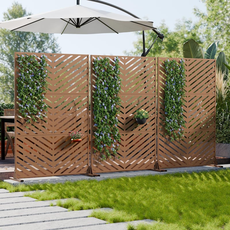 Outdoor Privacy Screen 2-Panel Chevron Metal Privacy Fence with Wind-Resistant Base Durable Decorative Divider