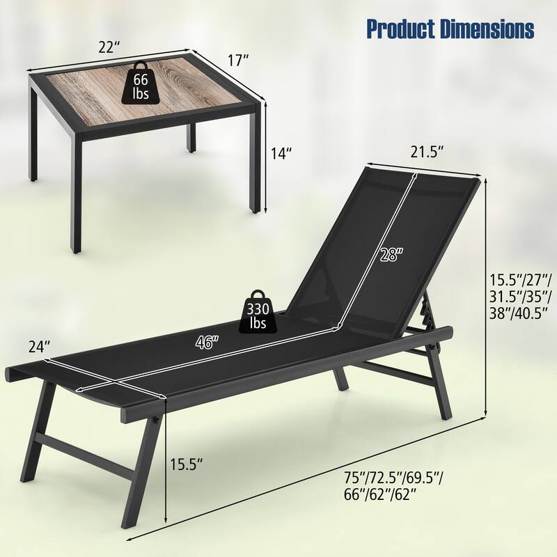 Gymax 3pcs Patio Chaise Lounge Set Aluminum Recliner Chair Table