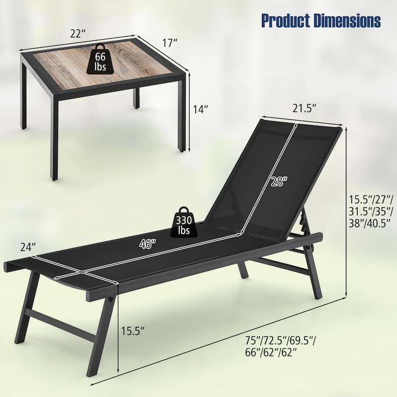 Outdoor 3 Piece Chaise Lounge Set with Coffee Table, Adjustable Reclining Patio Chairs Black - 62" x 24" x 42.5"