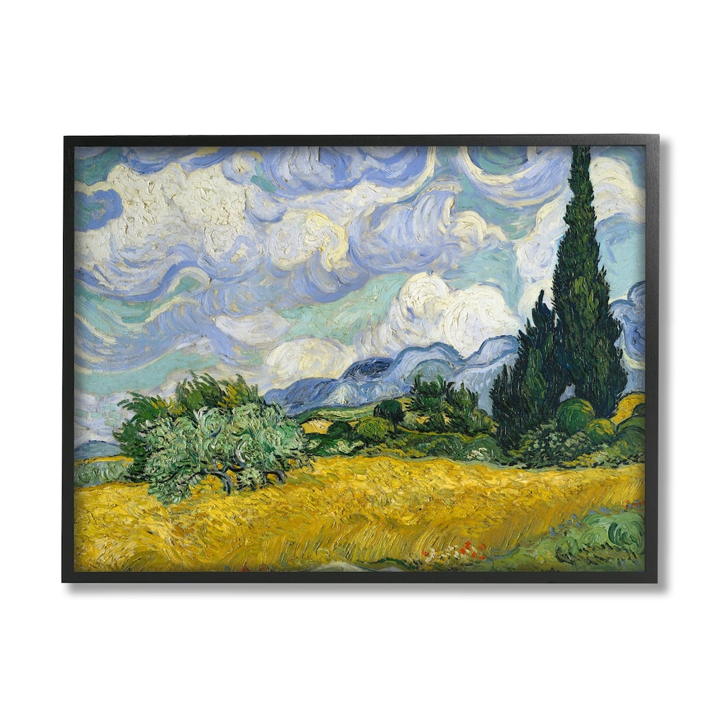 Stupell Wheat Field with Cypresses Post Impressionist Painting Framed Giclee Texturized Art by Vincent Van Gogh