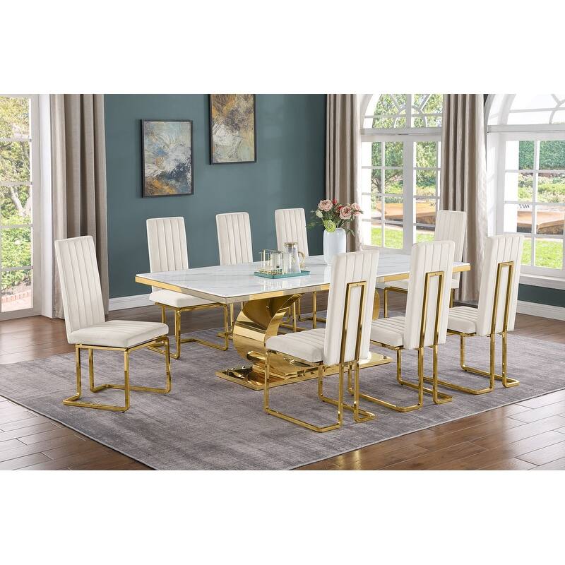 Best Quality Furniture D432/3-SC340-7 Dining Set with 87" White Marble Top - Cream / Gold - 9-Piece