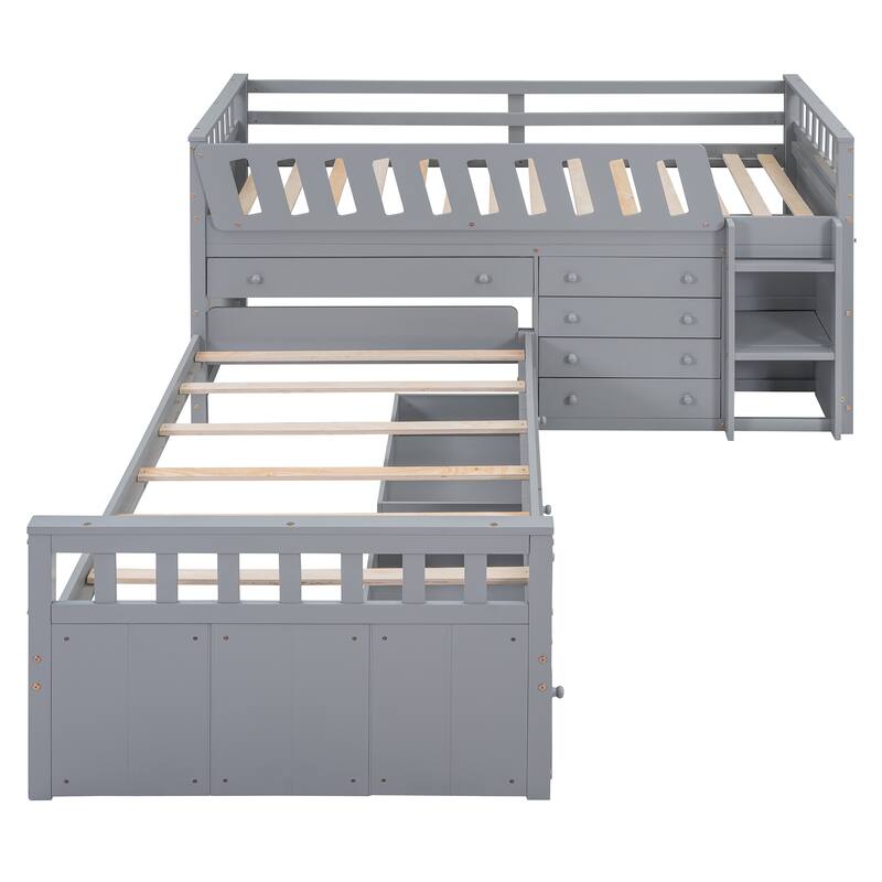 L-shaped Space-Saving Twin Loft and Twin Platform Bed with 7 Drawers and Full Guardrails(GRAY)