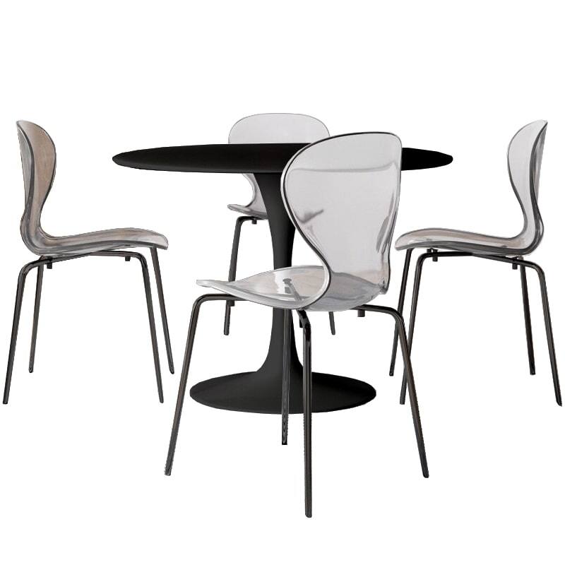 5-Piece Dining Set with 35-Inch Round Dining Table and 4 Side Chairs in Black Stainless Steel - Clear