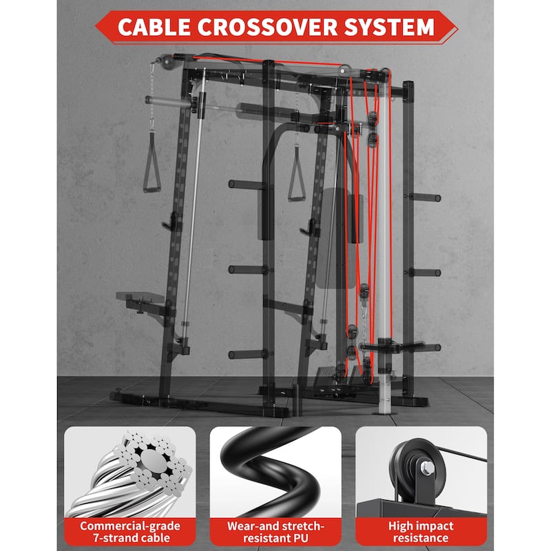 Smith Machine, 2000LBS Power Rack with Smith Bar, Cable Crossover Machine and Chest Station Machine for Home Gym