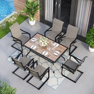 PHI VILLA 7-Piece Patio Dining Set Including 60" x 37" Large Wooden Top Table and 6 Sling Motion Chairs