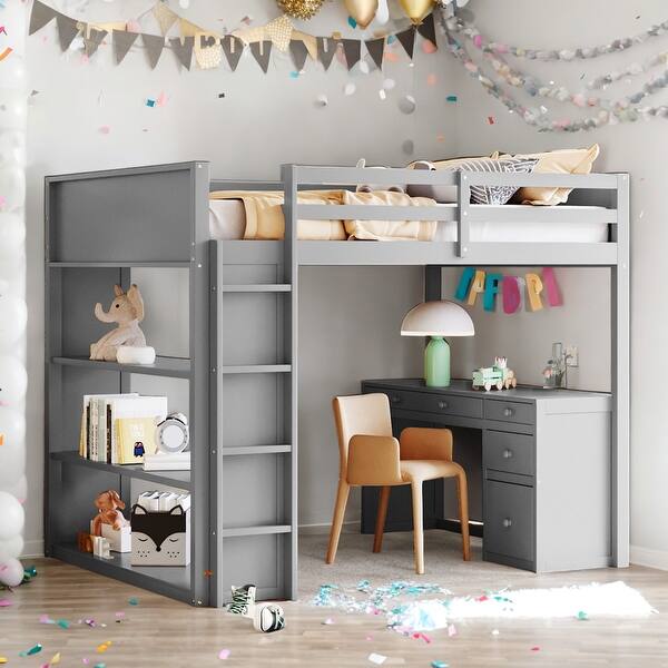 slide 2 of 10, Multi-function Full Size Loft Bed with Ladder, Guaranteed, Shelves and Desk, Sturdy Construction, Health and Comfort, Grey Grey