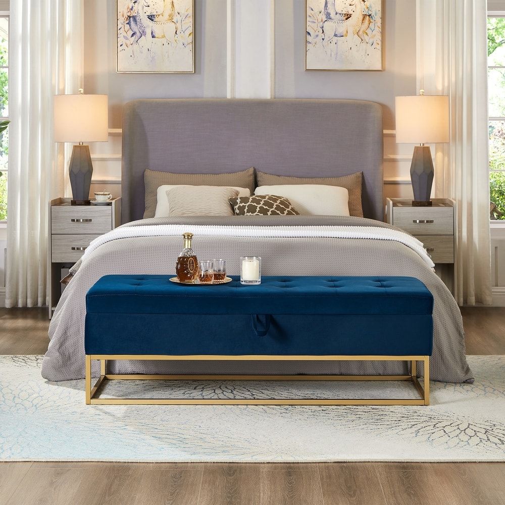 Velvet Upholstered Storage Seat Leisure Stool with Metal Frame, Exquisite End of Bed Corridor Stool with Button Tufting