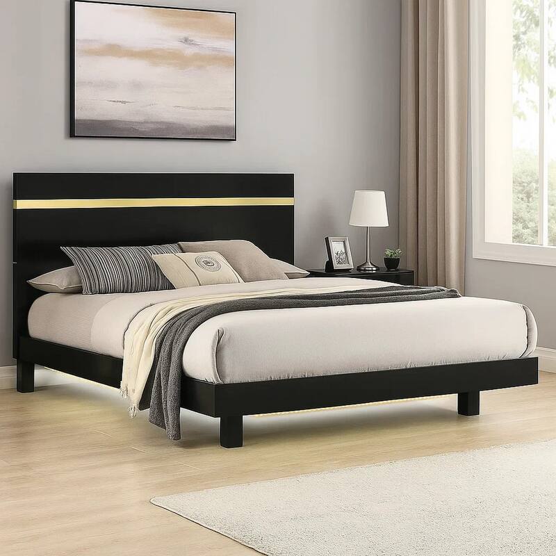 Yoki King Size Bed w Underbed LED, Acrylic Gold Trim, Black Frame