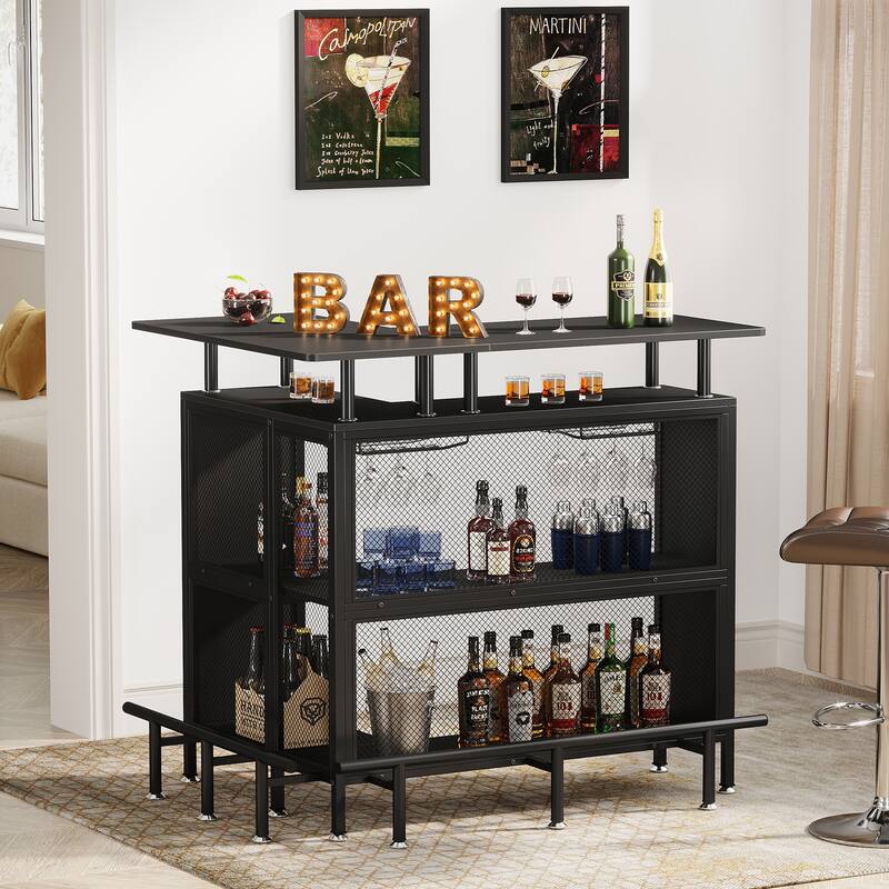 Industrial Home Bar Unit 3-Tier Bar Table with Wine Rack