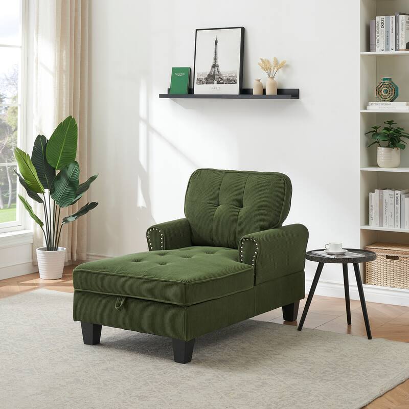 Elegant Corduroy Indoor Recliner Chair Upholstered Lounge Chair Sleeper Sofa Bed Storage Bench with Nailhead Trim - Green