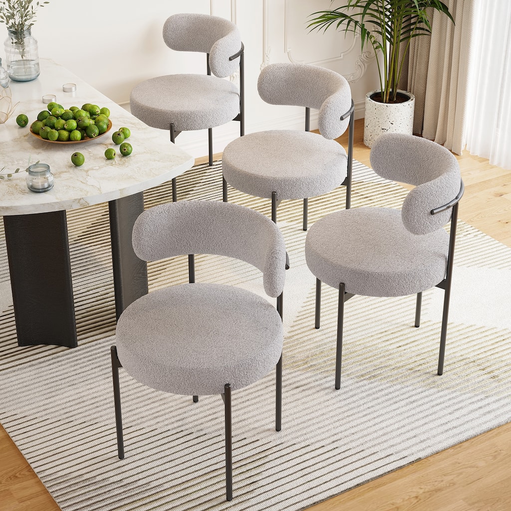 Dining Chairs Set of 4, Mid-Century Modern Kitchen Chair Curved Backrest Round Upholstered Dining Chairs with Metal Legs