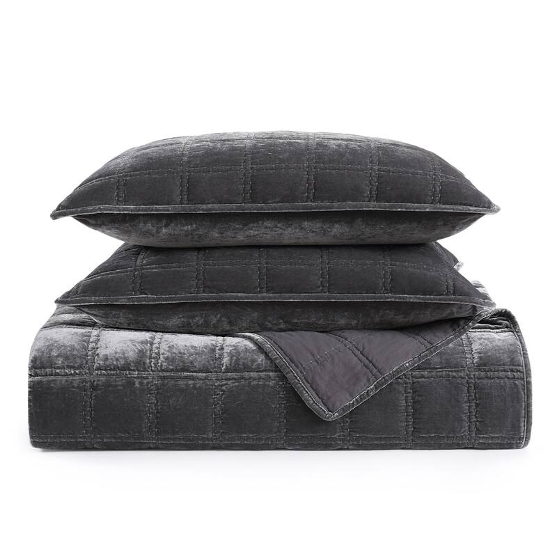 HiEnd Accents Stella Faux Silk Velvet Double Box Stitch Modern Rustic 3 Piece Quilt Set
