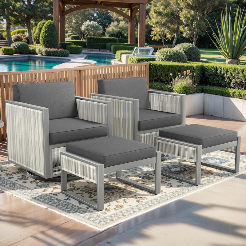 Pocassy 4-Piece Outdoor 5 Inch Swivel Chair with Ottoman - Dark Grey Cushion - 4PCS Swivel Chairs with Ottoman