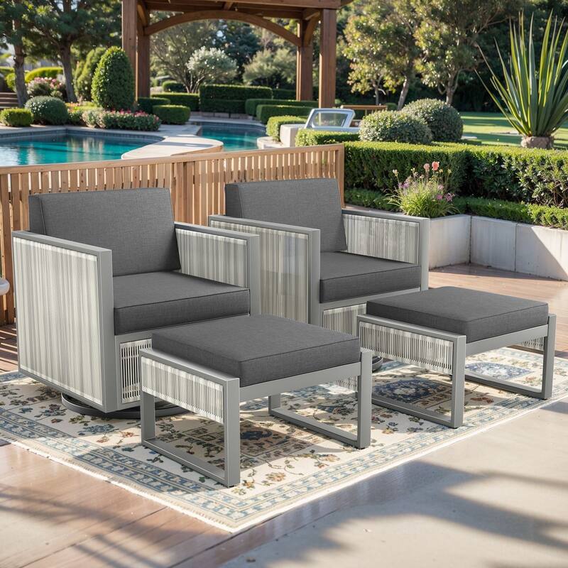 Pocassy 5 Inch Outdoor Patio Funiture Sets - Dark Grey Cushion - 4PCS Swivel Chairs with Ottoman