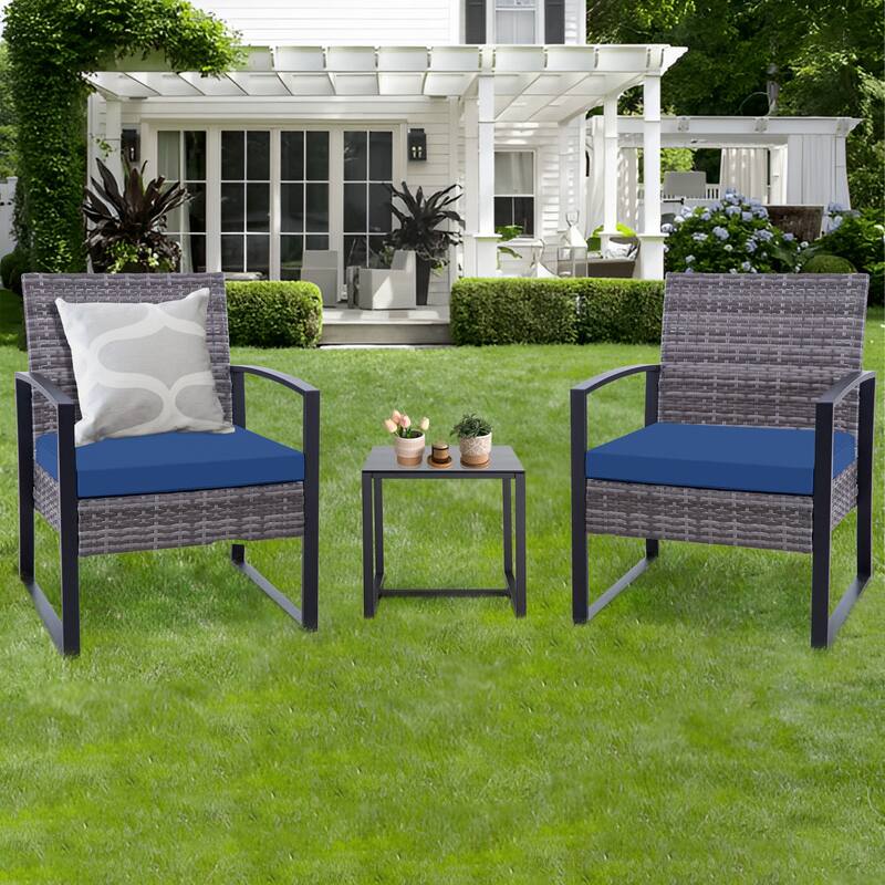 3-Pieces Wicker Patio Conversation Set Outdoor Chairs with Cushions - Blue