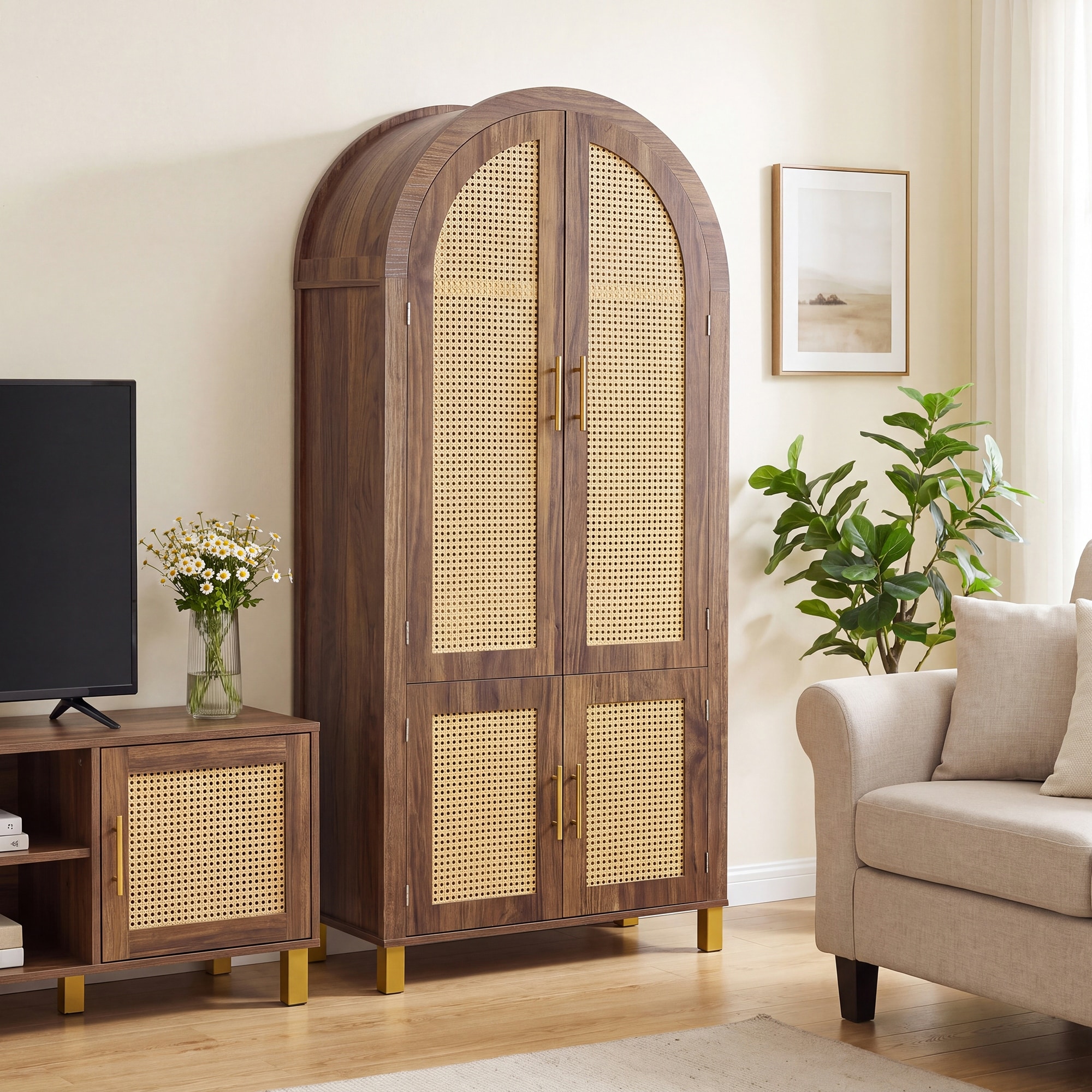 Arched Rattan Storage Cabinet Pantry Cabinet