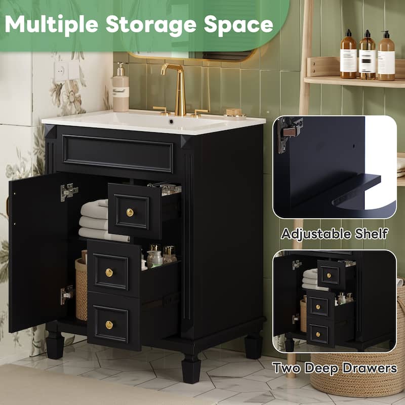 24" Bathroom Vanity with Ceramic Sink Bathroom Storage Cabinet with 2 Drawers and Adjustable Shelf