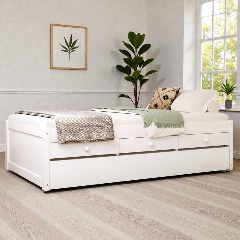 Platform Bed with Trundle, 2 Storage Drawers and Built In Power Strip, Solid Wood Bed Frame