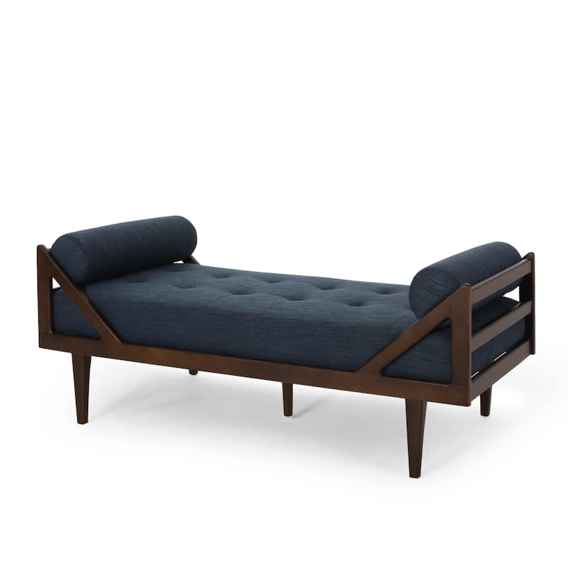 Navy Blue Modern 65" Button Tufted Chaise Lounge Chair with Bent Wood Desing and Rolled Accent Pillows