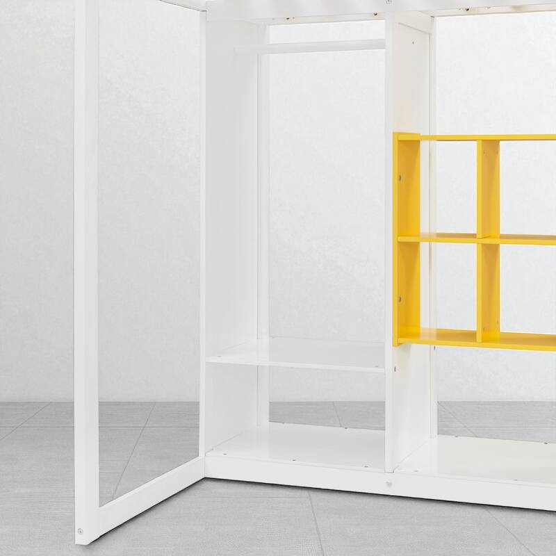 Space-Saving Twin/Full Loft Bed, Solid Wood Frame with Open Wardrobe, Colorful Shelves, Cabinet Storage & Reversible Ladder