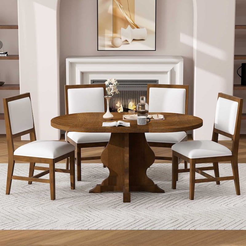 Roomfitters Farmhouse Extendable Dining Table, 4 Upholstered Chairs, 5-Piece Kitchen Furniture - Brown