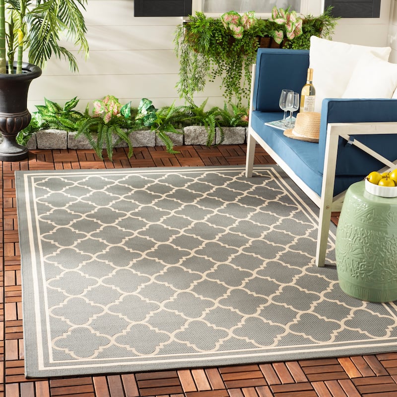 SAFAVIEH Courtyard Kristelle Indoor/ Outdoor Waterproof Patio Backyard Rug - 2'7" x 5' - Anthracite/Beige