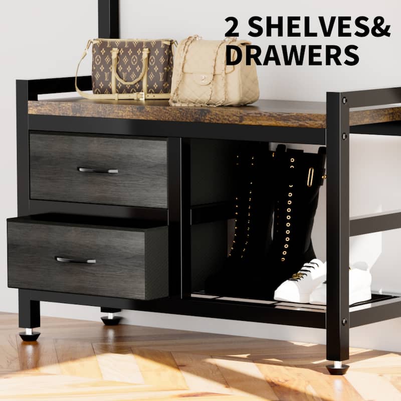 Anmytek 33.1 Inch Wide Hall Tree Entryway Bench with Shoe Storage Shelves Garment Racks 23 Hooks and 2 Movable Drawers