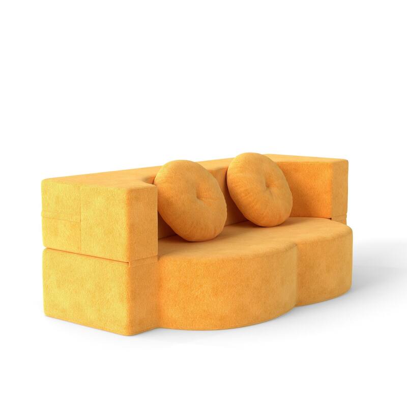 Modern Floor Sofa with 2 Pillows,Convertible Plush Corduroy Foam-Filled Sleeper Sofa Bed