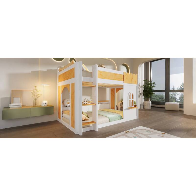 Roomfitters Twin Over Twin/Full Over Full Bunk Bed with Window, Two Doors and Storage Shelves, Natural and White