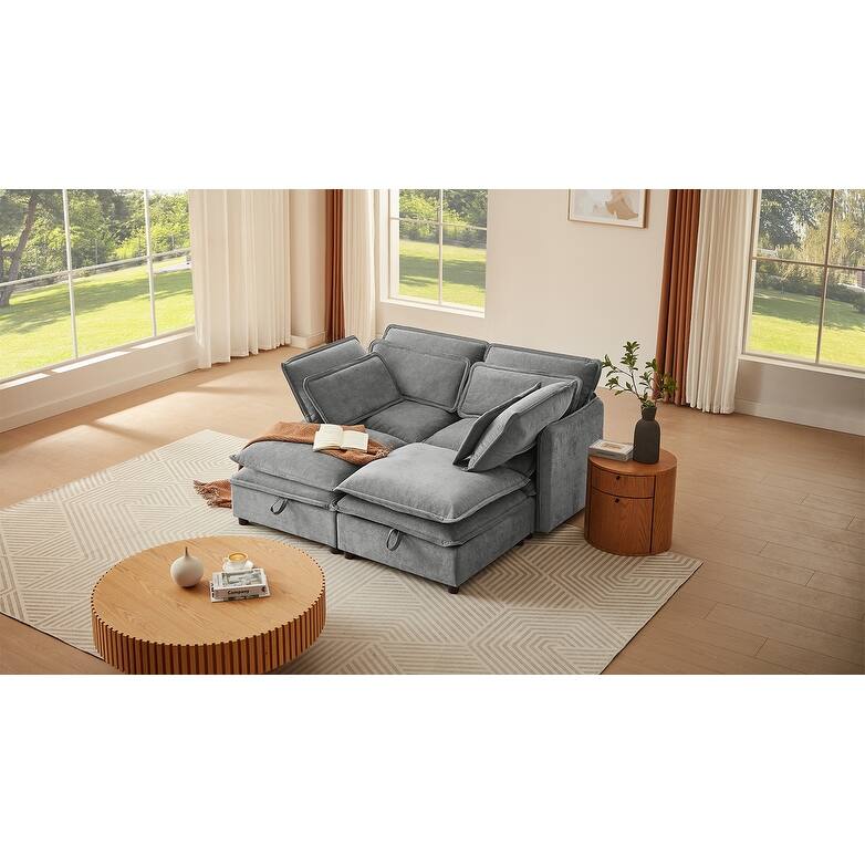 Double-Layer Cushion Modular 4-Seater Sofa with Storage, Grey Polyester, 65x63x32 inches