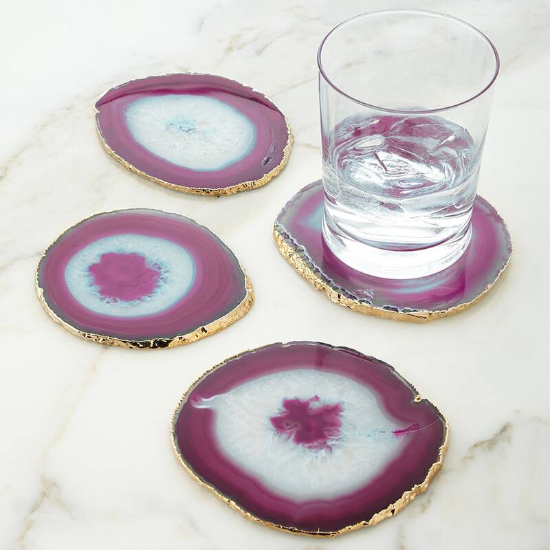 Modern Home Set of 4 Natural Agate Stone Coasters - Pink/Gold