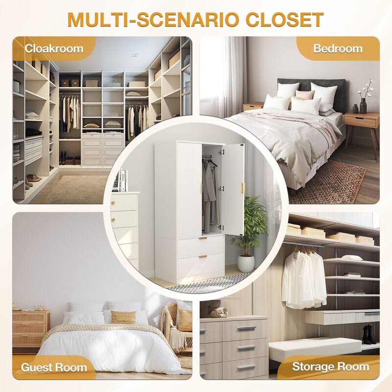 Gymojoy 2 Door Armoire Wardrobe Closet with Drawers, Modern Fluted Bedroom Storage Cabinet