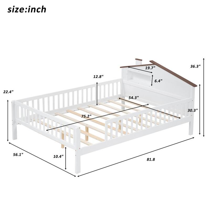 Twin/Full Size House Platform Bed with LED Light and Fence Guardrails, Wooden Kids Bed Frame with House Shaped Headboard